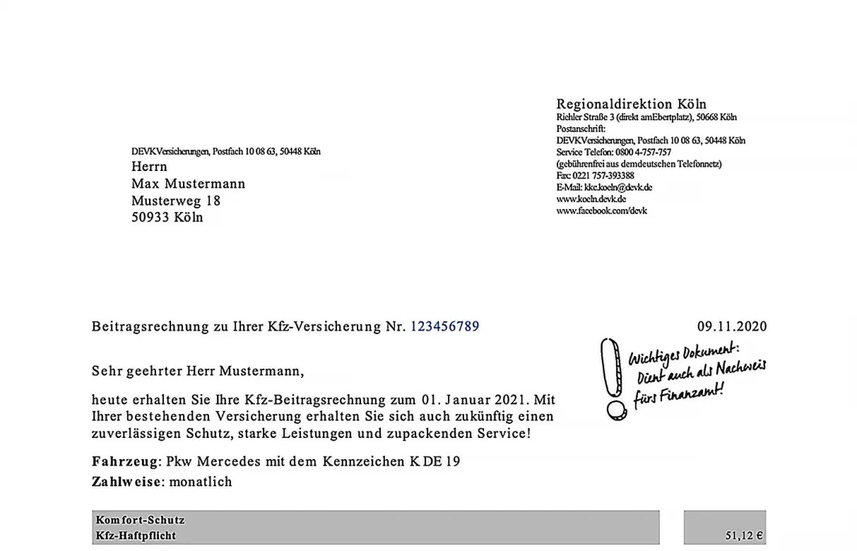 Beispiel für Aufbau einer Versicherungsnummer anhand Kfz-Beitragsrechnung