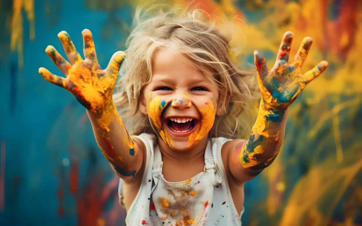 Kind mit bunter Farbe an den Händen