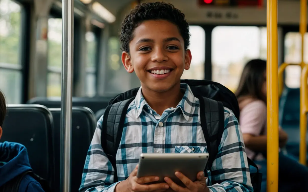 Lächelnder Junge nutzt Tablet im Bus