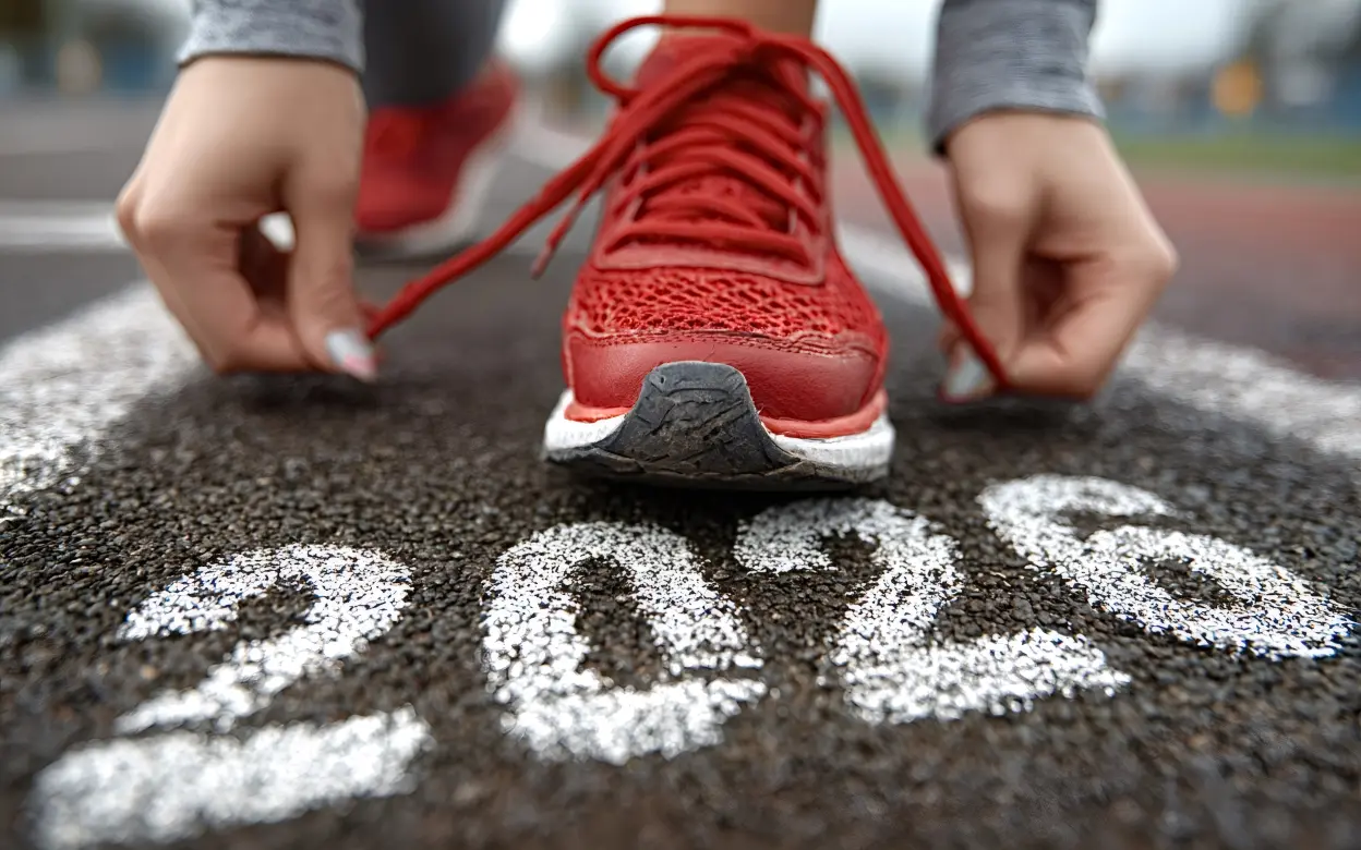 Nahaufnahme von Händen, die auf einer Laufbahn mit der Aufschrift „2026“ rote Laufschuhe binden