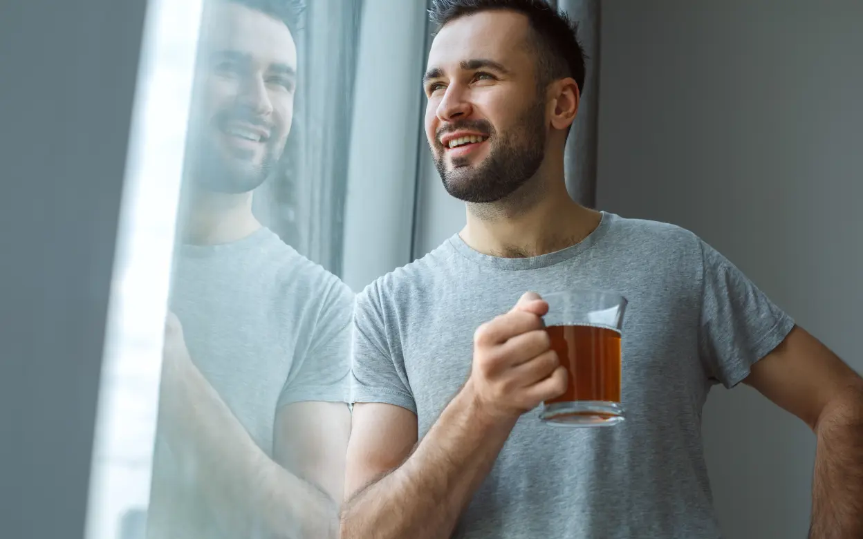 Mann steht mit einer Tasse Tee am Fenster