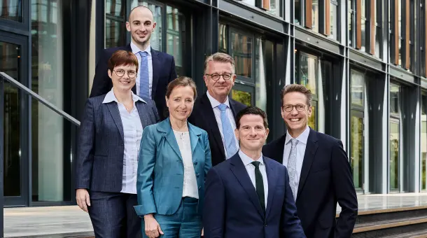 Mitglieder des DEVK-Vorstands: Manuela Moog, Dr. Fabian Pütz, Annette Hetzenegger, Dietmar Scheel, Dr. Michael Zons, Michael Knaup, v. l. n. r.