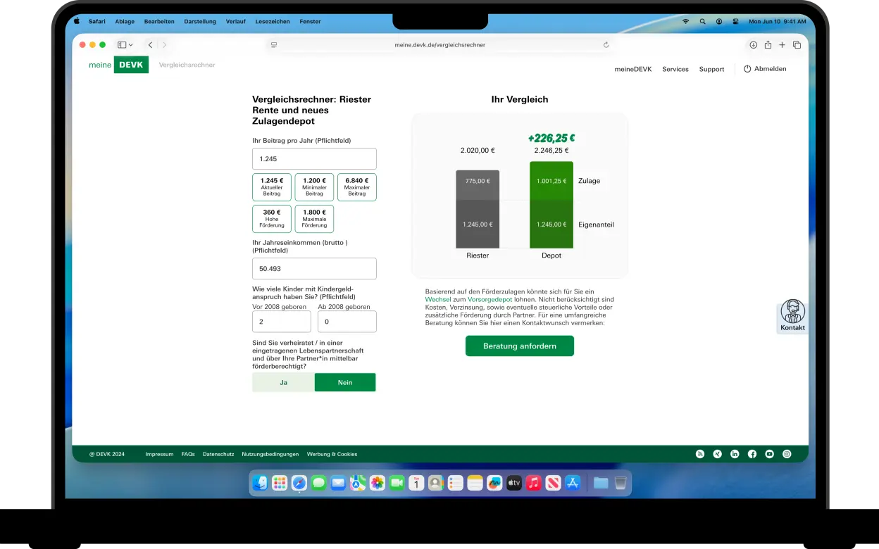 Desktop-Ansicht des DEVK-Vergleichsrechners mit Gegenüberstellung von Riester-Rente und neuem Zulagendepot