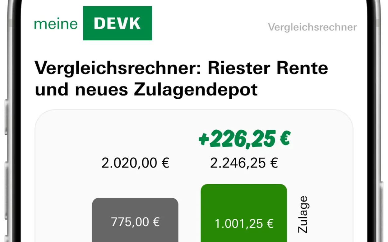 Mobile-Ansicht des DEVK-Vergleichsrechners mit Gegenüberstellung von Riester-Rente und neuem Zulagendepot