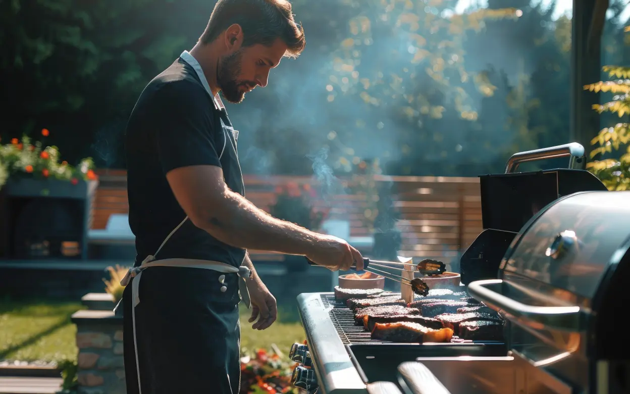 Mann grillt im Garten