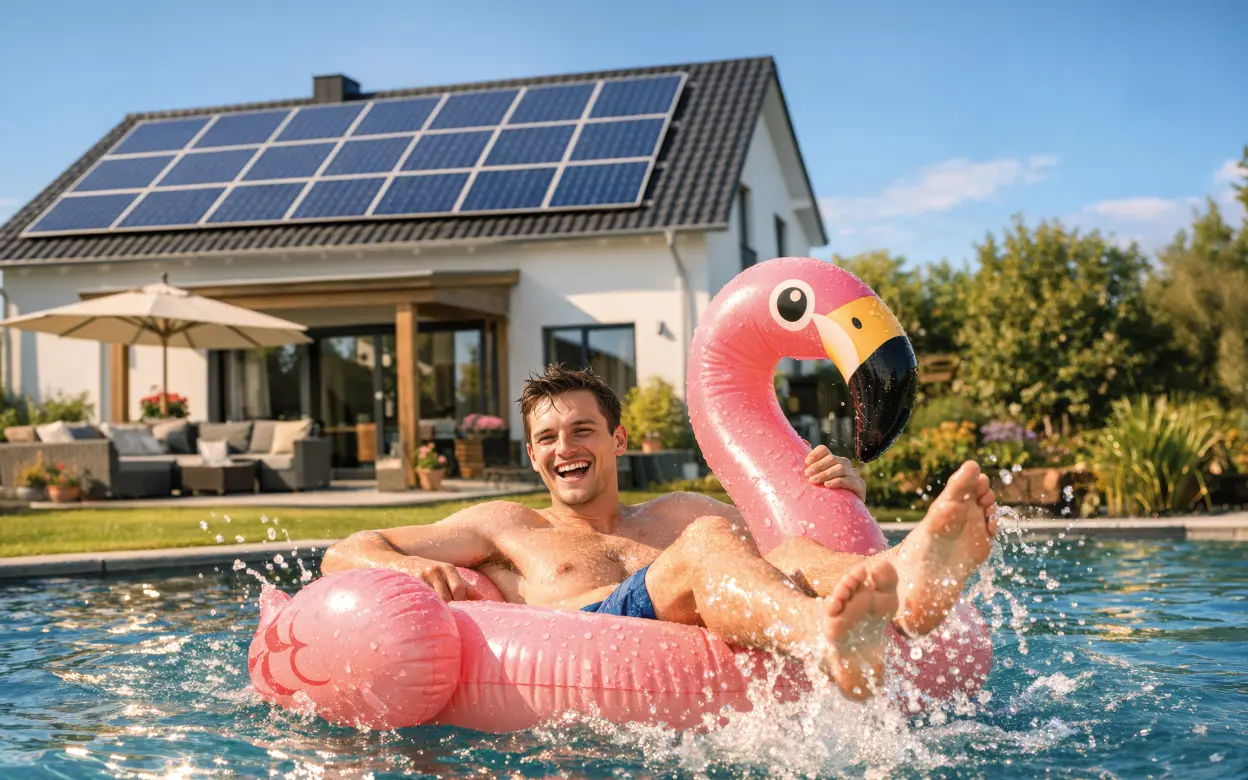 Mann schwimmt mit Flamingo-Badetier im Pool