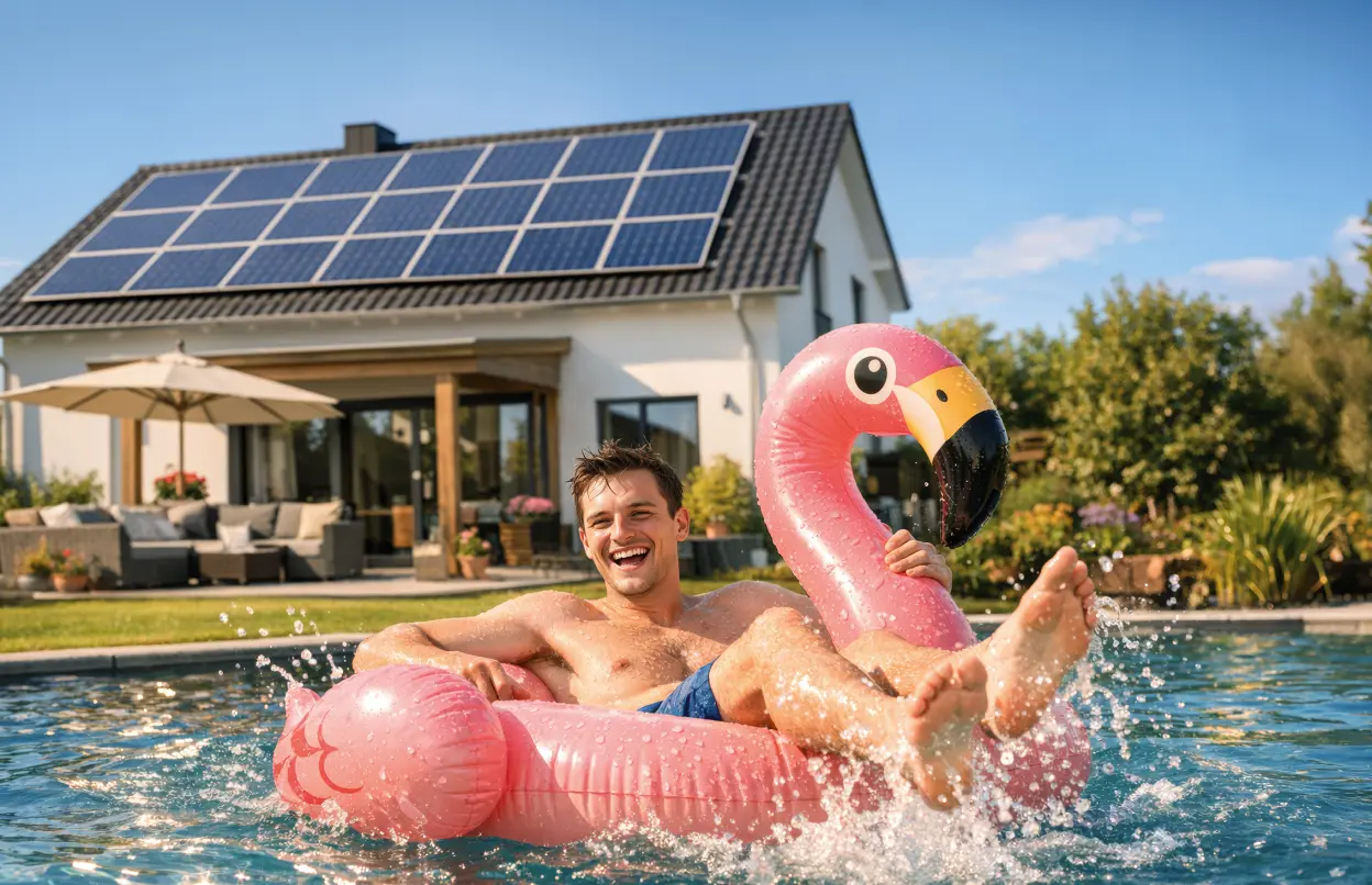 Mann schwimmt mit Flamingo-Badetier im Pool