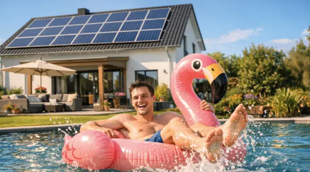 Mann schwimmt mit Flamingo-Badetier im Pool
