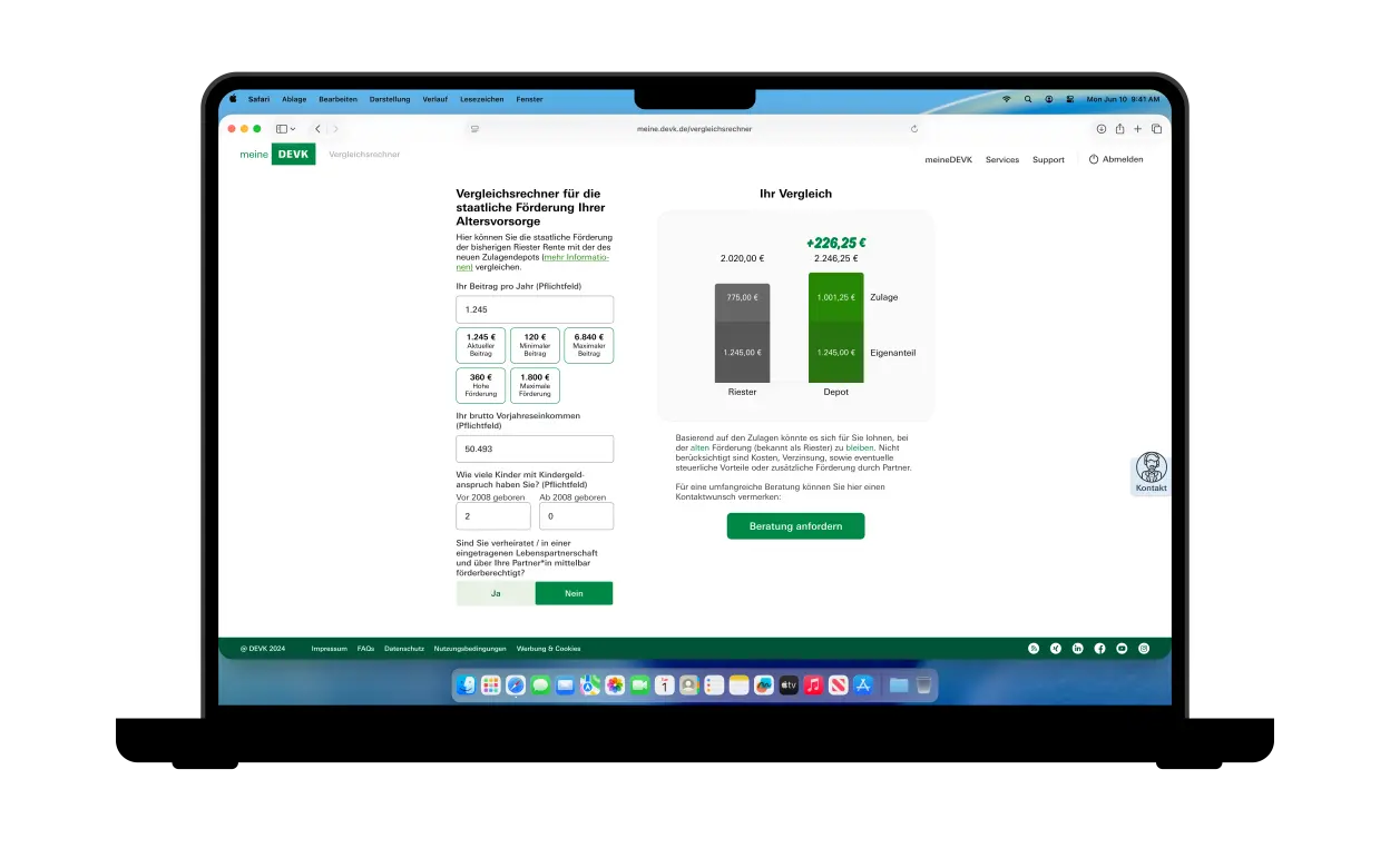 Laptop zeigt Eingabemaske des DEVK-Zulagenrechners