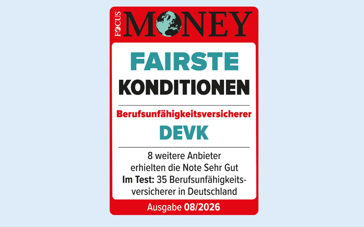 Siegel von Focus Money: DEVK für fairste Konditionen als Berufsunfähigkeitsversicherer ausgezeichnet