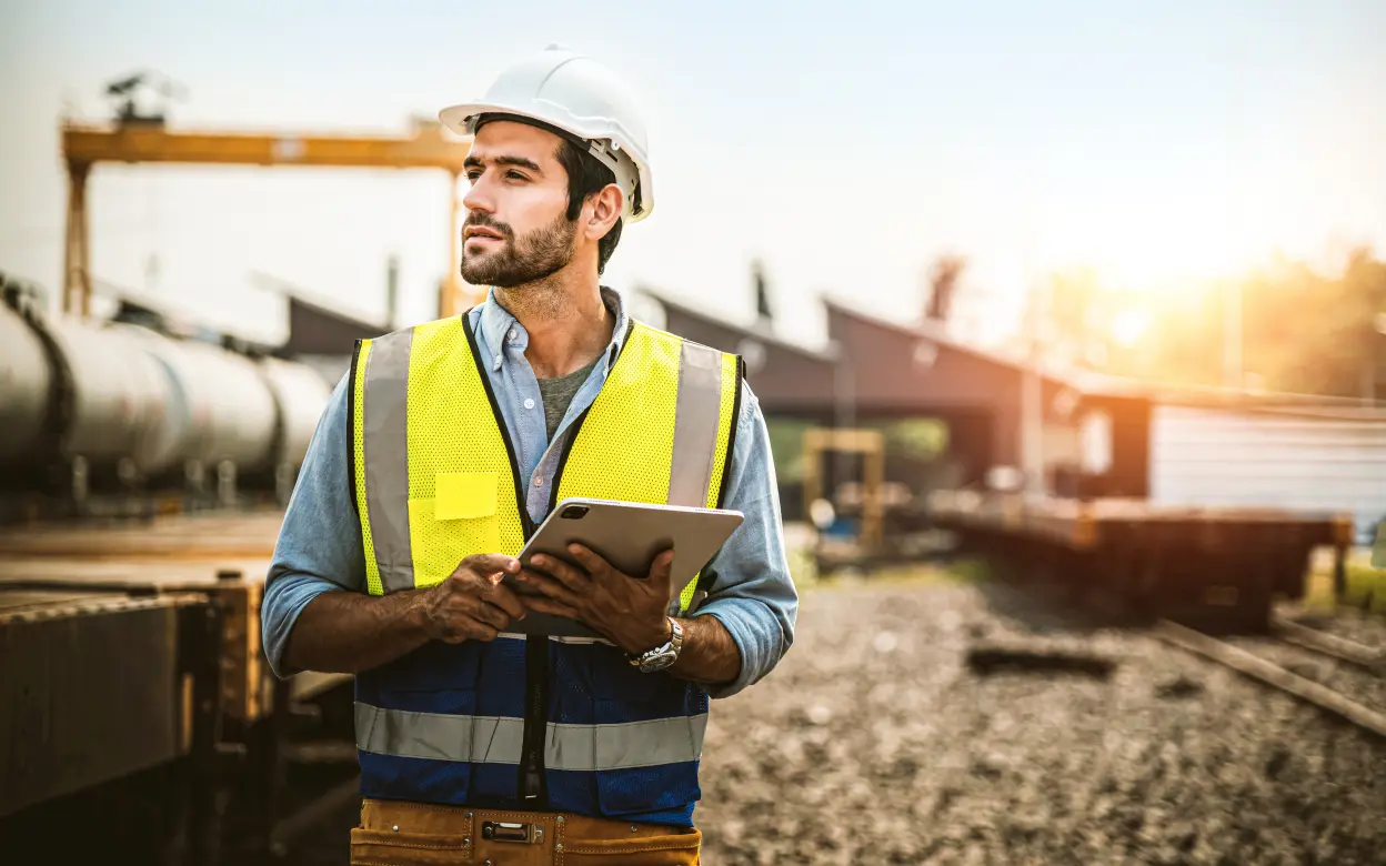 Ein Bahn-Mitarbeiter mit Klemmbrett neben den Schienen