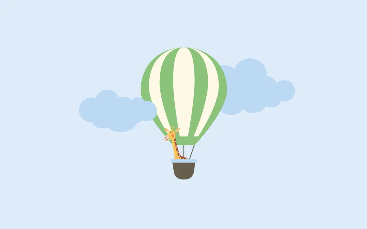 Ein Heißluftballon mit einer Giraffe ist in der Luft.