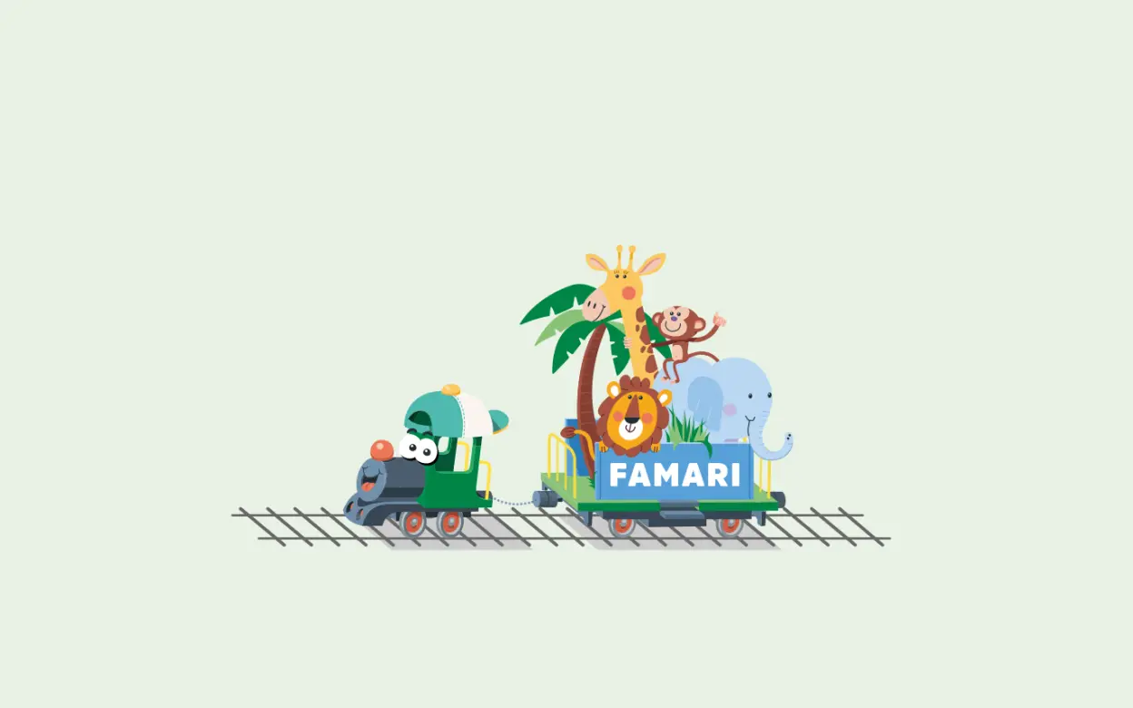 Eine illustrierte Lokomotive zieht einen Anhänger mit Tieren.