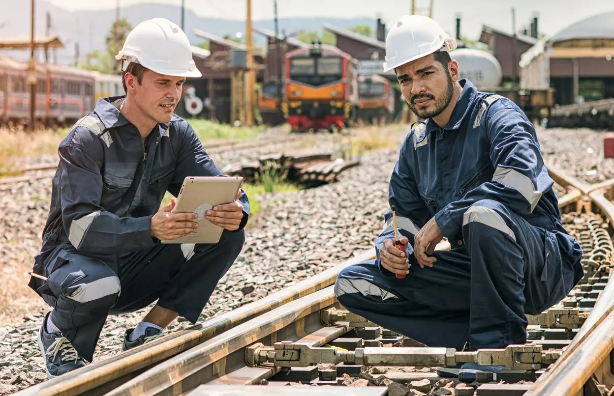 Zwei Arbeiter kontrollieren einen Weichenabschnitt an den Gleisen