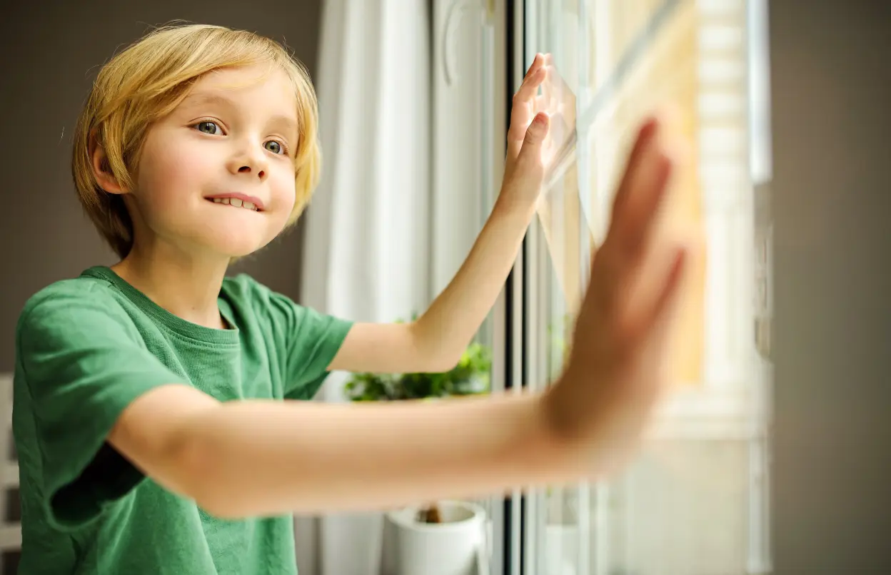 Ein Kind hat die Hände auf ein Fenster gelegt und schaut erwartungsvoll nach draußen.