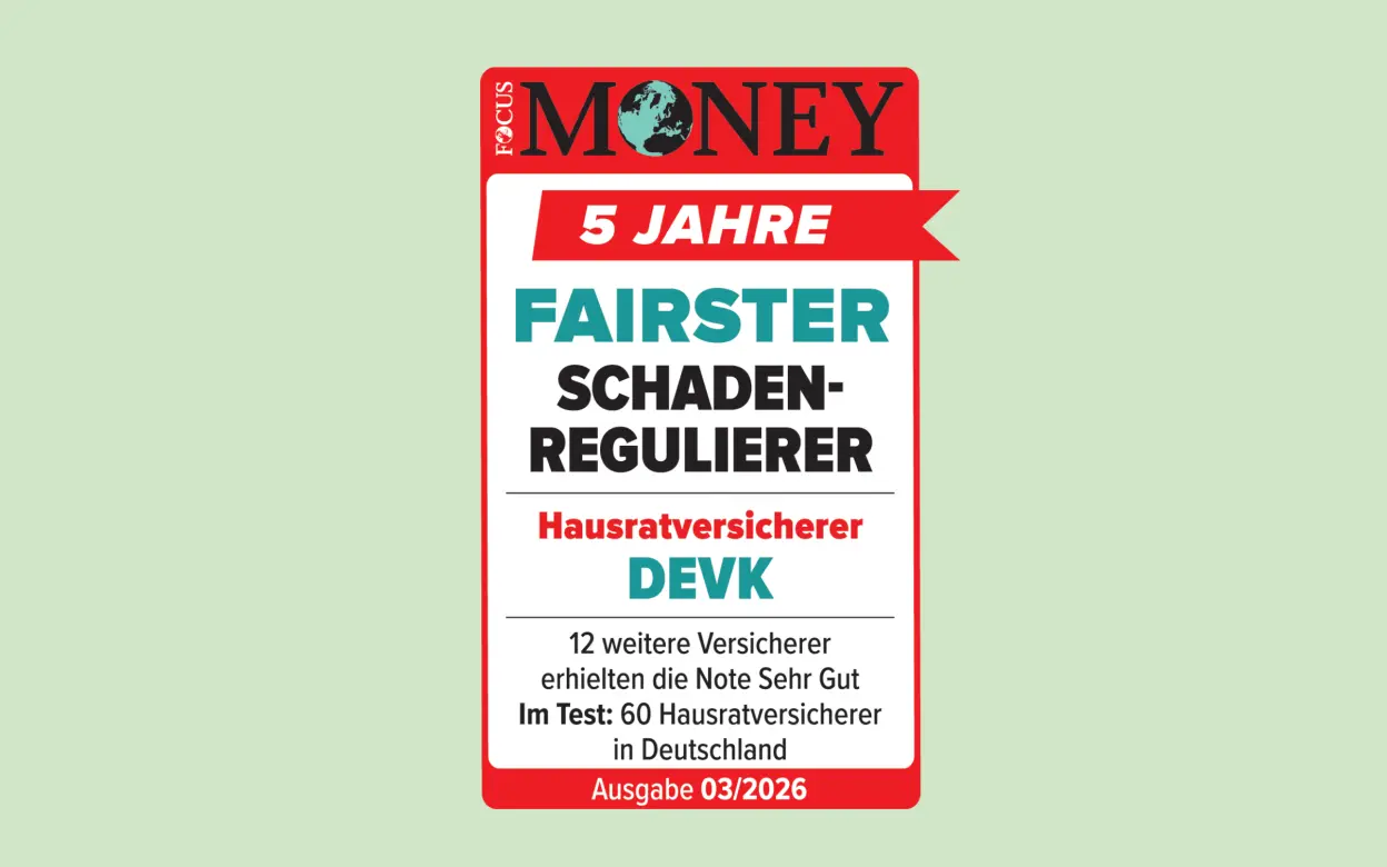 Siegel von Focus Money: DEVK für fairste Schadenregulierung als Hausratversicherer ausgezeichnet