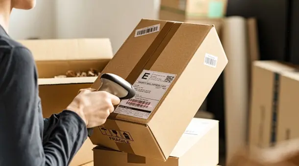 Person scannt Barcode auf Paket ab