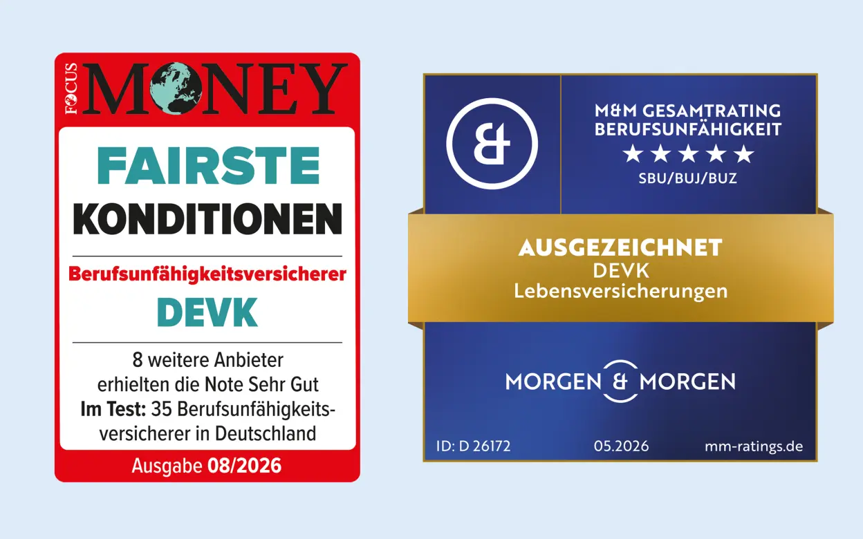 Die DEVK-Berufsunfähigkeitsversicherung wurde von Focus Money für fairste Konditionen ausgezeichnet und erhielt von Morgen & Morgen 5 von 5 möglichen Sternen.