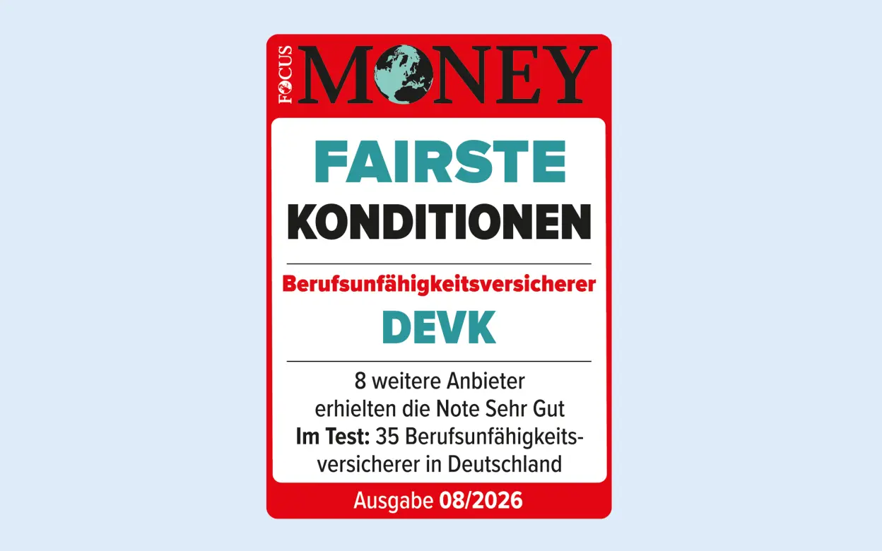 Siegel von Focus Money: DEVK für fairste Konditionen als Berufsunfähigkeitsversicherer ausgezeichnet