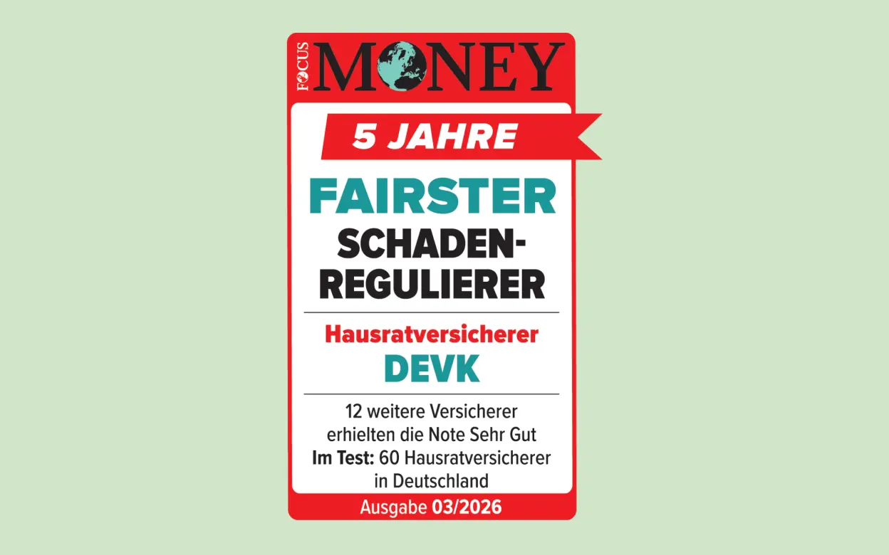 Siegel von Focus Money: DEVK für fairste Schadenregulierung als Hausratversicherer ausgezeichnet