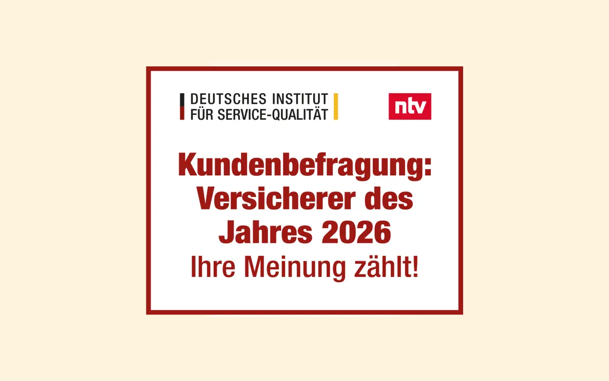Banner der Umfrage „Versicherer des Jahres 2026“ vom Deutschen Institut für Service-Qualität im Auftrag von ntv
